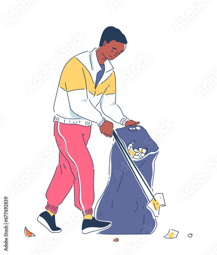 Person cleaning up garbage doodle. Care about ecology and nature, ecosystem. Poster or banner. Man with black plastic bag. Cartoon flat vector illustration isolated on white background