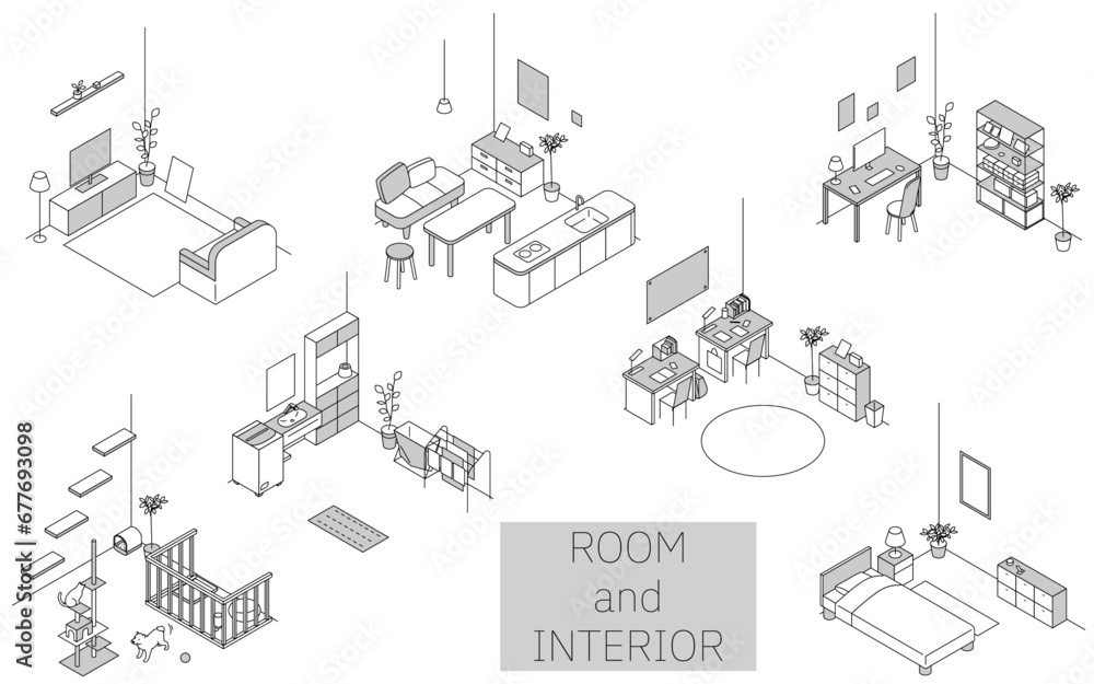 Finding a room for rent: various rooms, simple isometric illustration