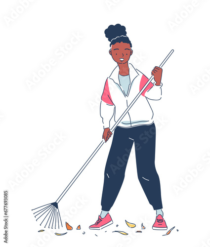Person cleaning up garbage doodle. Care about ecology and nature, ecosystem. Poster or banner. Woman with rake near leaves. Cartoon flat vector illustration isolated on white background