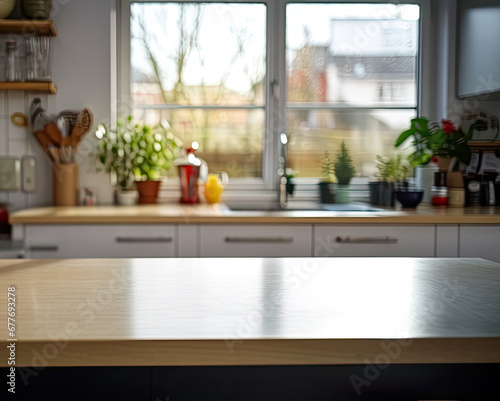 Kitchen with wooden countertops against a background of blurred details. © Vitaly Art