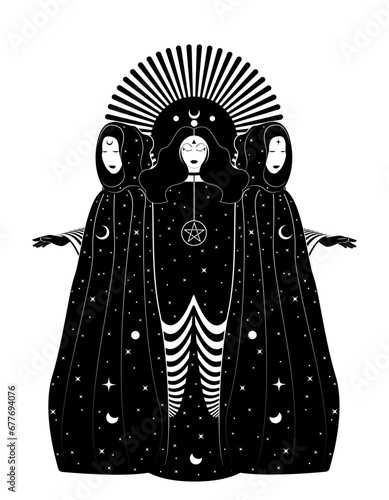 Mystical triple goddess, priestesses  in magical cloak. Beautiful fairy women with celestial long dress. Gothic Witch wiccan female sacred design. Vector isolated on white background art deco style 