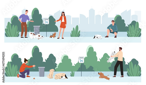 People walk with dogs set. Happy owners with pets at street. Men and women with puppies at city park. Routine and household chores. Cartoon flat vector collection isolated on white background