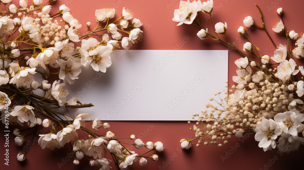 Wedding mockup with white paper list and flowers gypsophila on colored table top view flat lay blank greeting cards. AI generative Wedding mockup with white paper list and flowers gypsophila on colored table top view flat lay blank greeting cards. AI generative