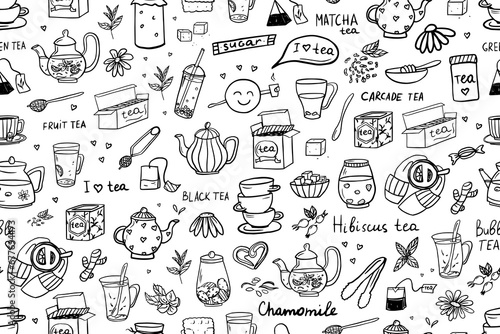 Seamless pattern of hand drawn tea theme elements in doodle style. I love tea, tea time. Cute vector illustration EPS10. Isolated on white background
