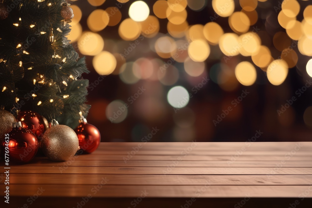 Wooden tabletop with gold Christmas decorations and a Christmas tree, blurred background with bokeh from garlands. Wooden tabletop with gold Christmas decorations and a Christmas tree, blurred background with bokeh from garlands.