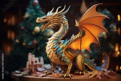 Chinese New Year with a dragon. The dragon is the symbol of 2024. Christmas card with a dragon on the background of a Christmas tree.