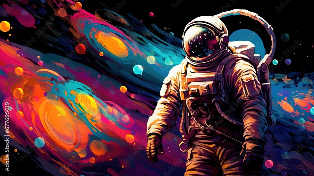 Beautiful painting of an astronaut in in a colorful bubbles galaxy on a different planet. Pop art concept Beautiful painting of an astronaut in in a colorful bubbles galaxy on a different planet. Pop art concept