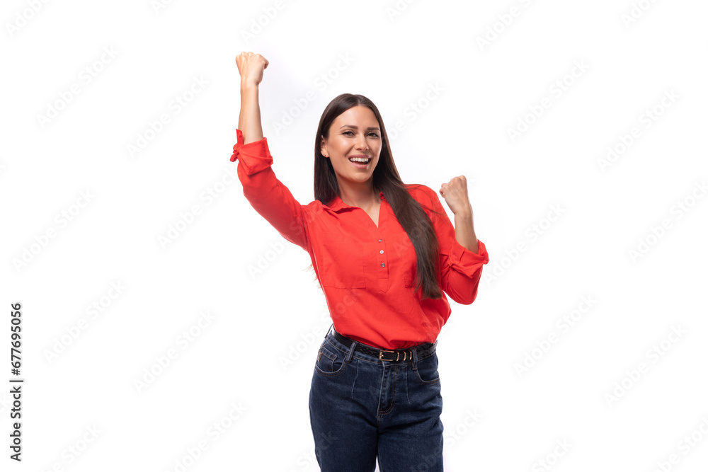 young energetic active brunette assistant woman dressed in a red blouse on a white background with copy space young energetic active brunette assistant woman dressed in a red blouse on a white background with copy space