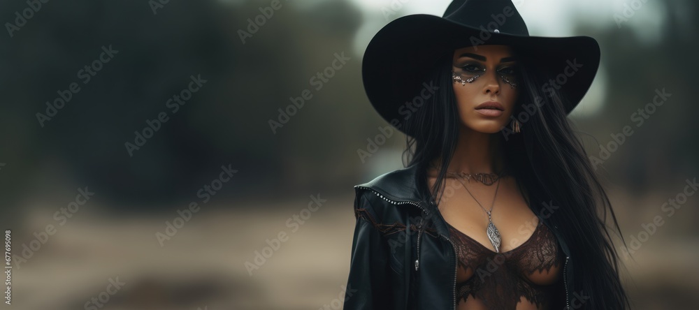 A Sexy Beautiful Badass Latina Cowgirl wearing Lingerwear - Amazing Cowgirl Background - Clothes are in the Raw, Tough and Grunge Style - Latina Cowgirl Wallpaper created with Generative AI Technology - obrazy, fototapety, plakaty 