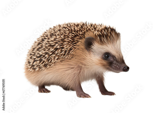 Cute Four toed Hedgehog stands side ways and looking to camera. Atelerix albiventris Isolated on a white background. Beautiful Erinaceus europaeus, also known as the West European hedgehog close up photo