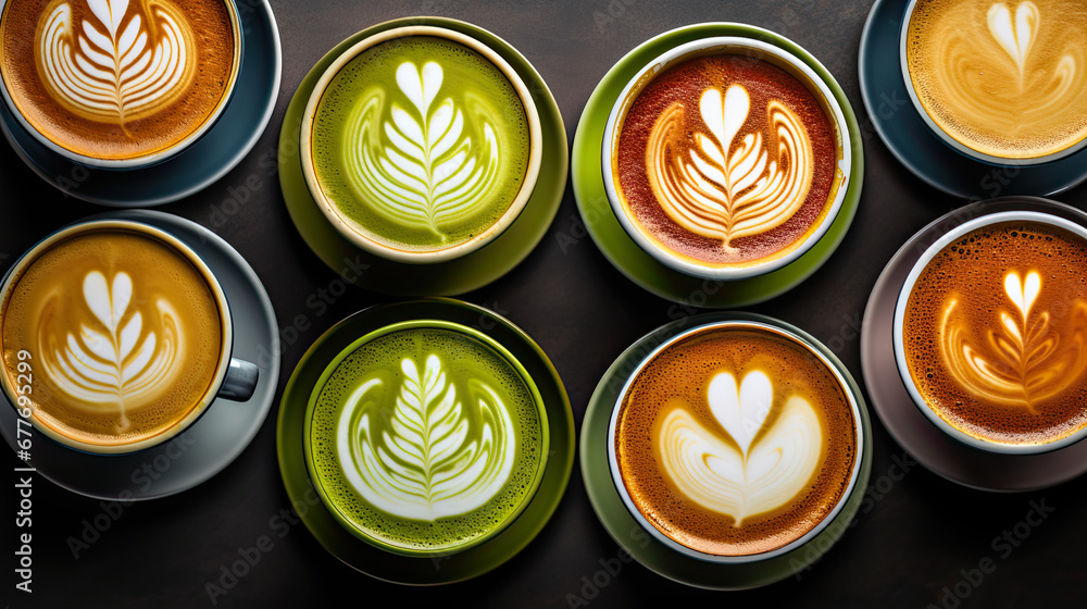 Latte and turmeric lattes in mugs with latte Latte and turmeric lattes in mugs with latte