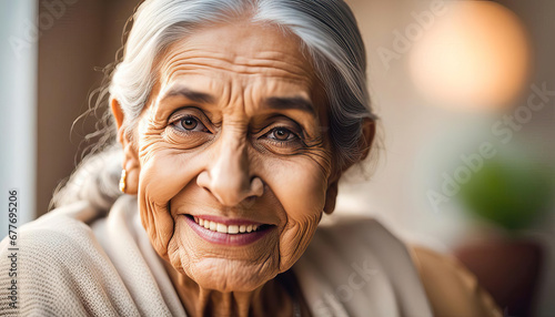 Beautiful elderly woman at home with copy space
