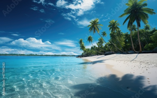 The blue beach with palm trees.