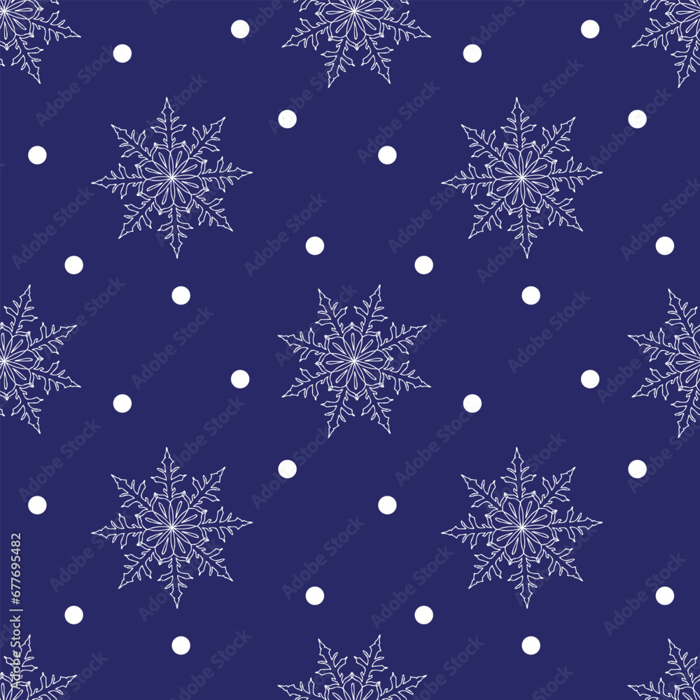Seamless Christmas pattern with white snowflakes on dark blue background. Winter decoration. Happy new year vector illustration, for cards, packing, wallpaper and other.