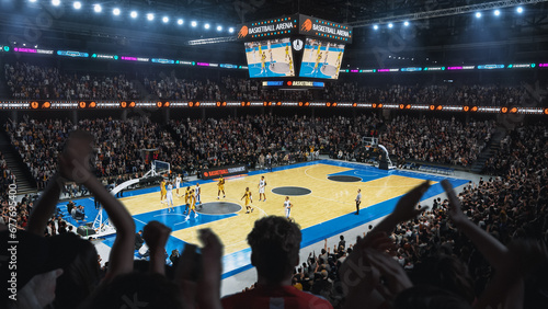 Wallpaper Mural High Angle Establishing Wide Shot of Whole Arena of Spectators Watching a Basketball Championship Game. Teams Play, Crowds of Fans Raise Hands and Cheer. Sports Channel Live Television Broadcast Torontodigital.ca