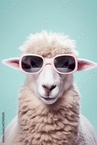 Creative animal concept. Sheep lamb in sunglass shade glasses isolated on solid pastel background, surreal surrealism © MaxSimplify