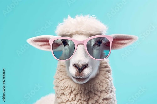 Creative animal concept. Sheep lamb in sunglass shade glasses isolated on solid pastel background, surreal surrealism
