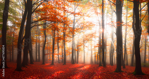 Autumn forest in the morning with sunbeams and lens flare