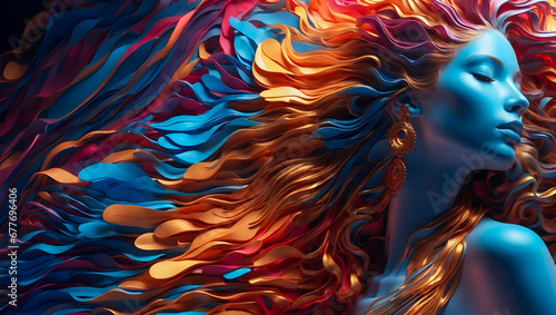Image of a beautiful sleeping woman with flowing hair made of rainbow-colored textiles, embodying tranquility and the magic of dreams.