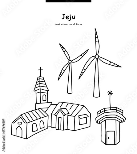 This is an image representing Jeju Island in Korea. There are many wind farms in windy Jeju Island. The other is the old Seopjikoji tourist attraction.