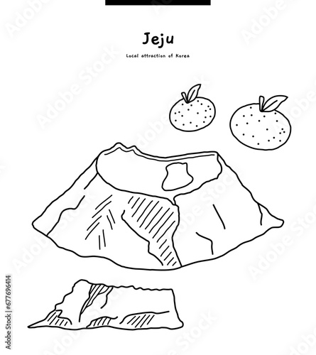 This is an image representing Jeju Island in Korea. Tangerine, Seongsan Ilchulbong, Hallasan, and Baeknokdam.