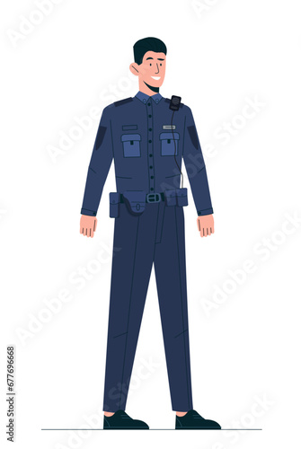 Man in police uniform concept. Young guy police officer. Policeman and guard with badge. Sticker for social networks. Cartoon flat vector illustration isolated on white background © Rudzhan