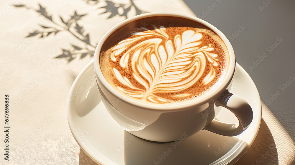 Tea in a mug with latte art on a sunny day
Tea in a mug with latte art on a sunny day