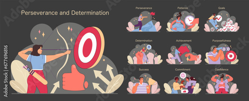 Perseverance and Determination set. Various characters embodying strength and focus. Achieving goals, cultivating patience, and building confidence. Flat vector illustration.