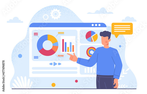 Man with business presentation. Young guy show graphs and diagrams, charts. Infographics and statistics, data visualization. Analyst conduct marketing research. Cartoon flat vector illustration