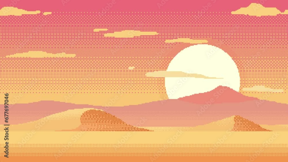 Pixel art loop animation of background with sand mountains and sun. Animated 8bit seamless desert landscape at sunset with moving clouds. Pixelated template for computer game or application. Pixel art loop animation of background with sand mountains and sun. Animated 8bit seamless desert landscape at sunset with moving clouds. Pixelated template for computer game or application.