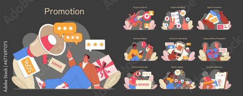 Promotion set. Exploring marketing strategies and advertising tools. Engaging target audience, leveraging digital marketing, personal selling, and unique value propositions. Flat vector illustration