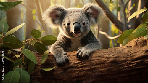 Cute koala baby on tropical forest background. Animals wallpaper. Generative AI
