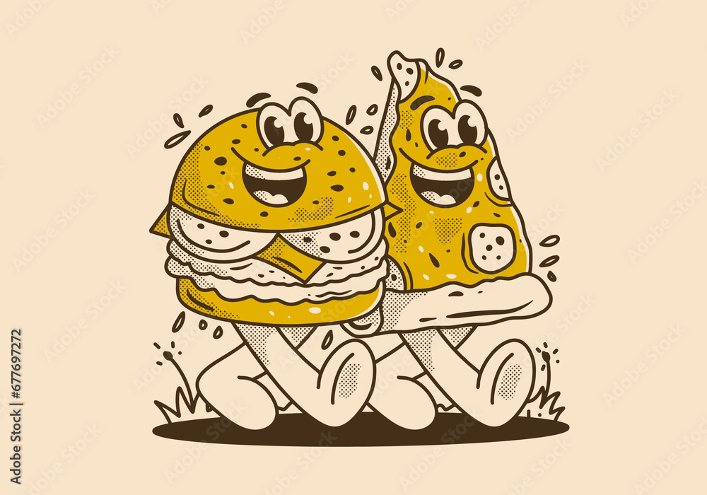 Character illustration of walking burger and pizza Character illustration of walking burger and pizza