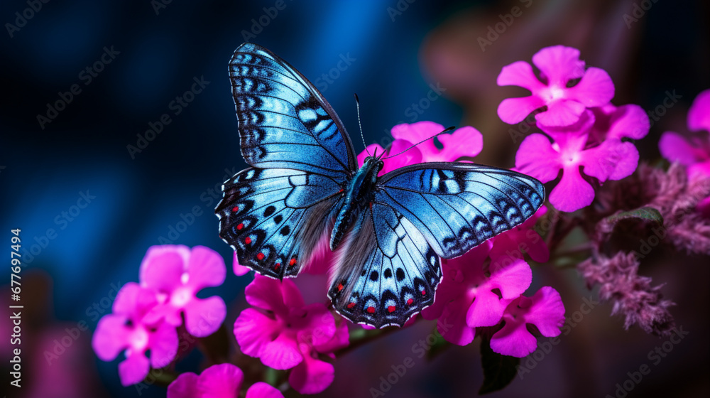 Wallpaper with beautiful blue butterfly on pink flowers background. Generative AI Wallpaper with beautiful blue butterfly on pink flowers background. Generative AI