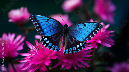 Wallpaper with beautiful blue butterfly on pink flowers background. Generative AI