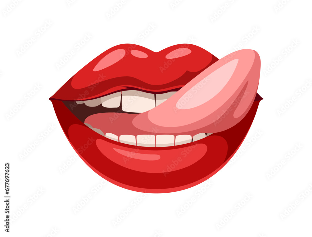 Red lips concept. Beauty, aesthetics and elegance. Make up and glamour. Sexy woman or girl. Beautiful mouth with tongue. Cartoon flat vector illustration isolated on white background