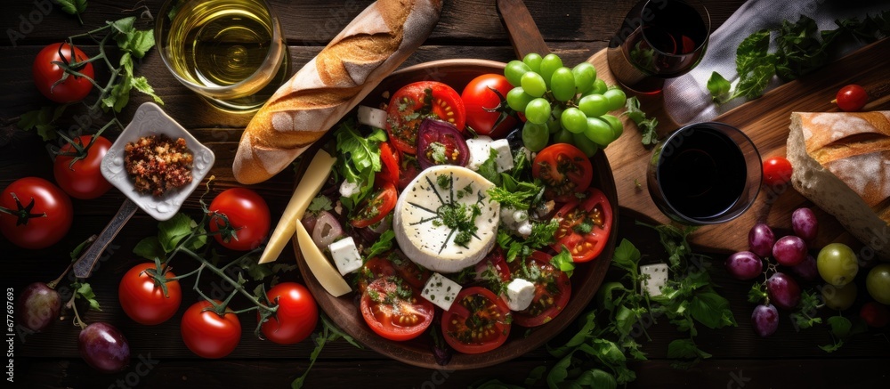 The top view of a summer table showcases a vibrant green salad adorned with fresh vegetables and ripe tomatoes complemented by a background of health conscious choices like homemade bread a - obrazy, fototapety, plakaty 