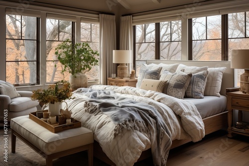 Guest Bedroom in Calm Light Colors with Wide Bed