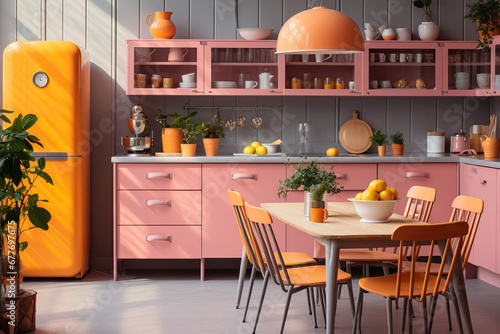 Retro Kitchen in 60s Style with Yellow and Pink Palette