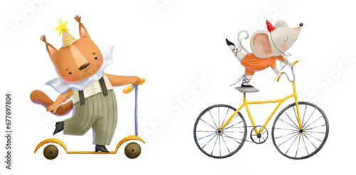 Circus performance. Squirrel on bike and mouse on bicycle. Cute childish hand painted illustration on white background