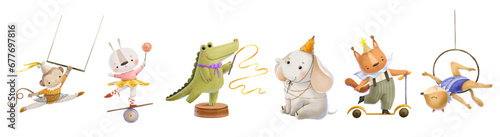 Horizontal set with cute circus animals, performers. Circus cartoon show. Festival . Cute carnival. Isolated on White background illustration.