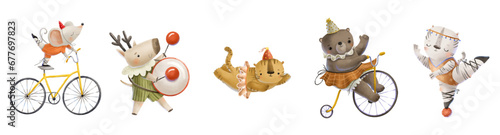 Funny cartoon animals in circus.  Bear on bicycle, tiger, deer with drum, zebra and mouse acrobat