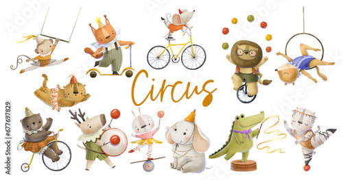 Collection with forest wild animals in circus. Circus performers. Theater performance childish coot illustration isolated background