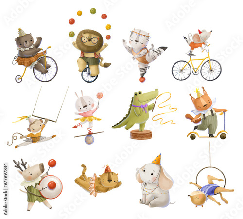 Collection of funny cartoon circus animals acrobats. Circus show isolated clipart. Kids stickers