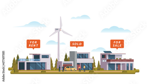 Real estate residential property market business concept with houses. Vector illustration.