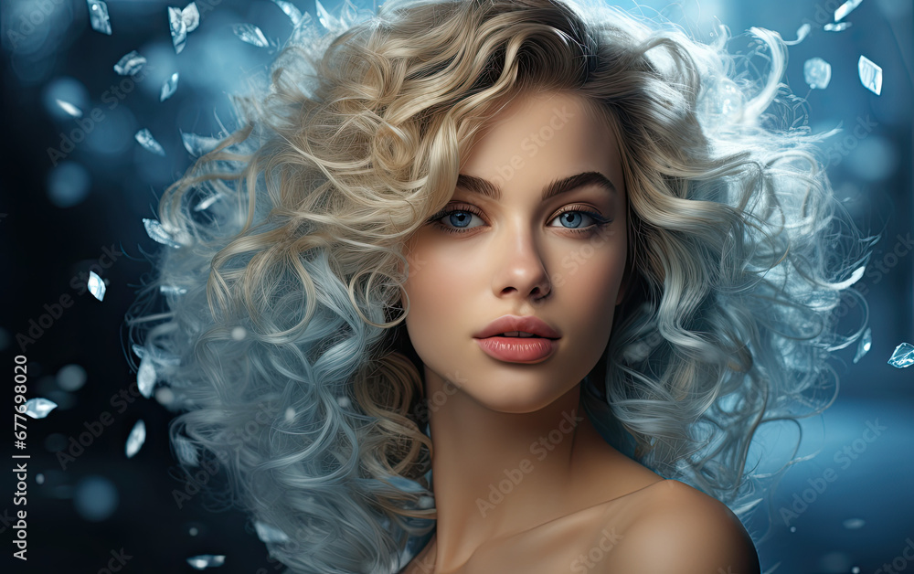Woman on blue glitter background, Girl with curly lush hair, concept advertising a product. Woman on blue glitter background, Girl with curly lush hair, concept advertising a product.