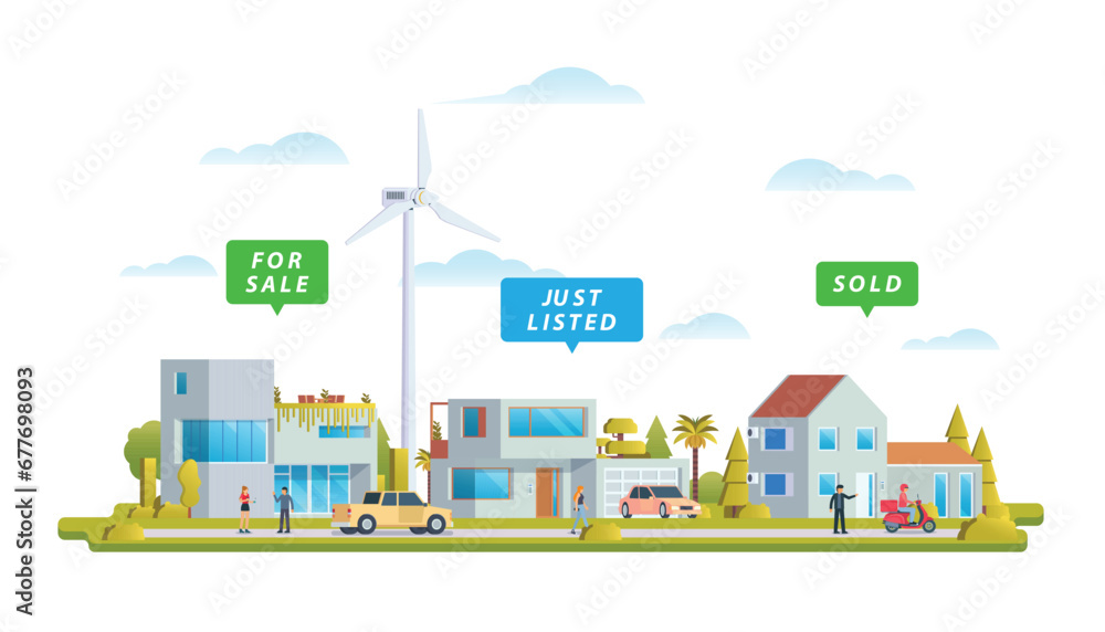 Real estate residential property market business concept with houses. Vector illustration.