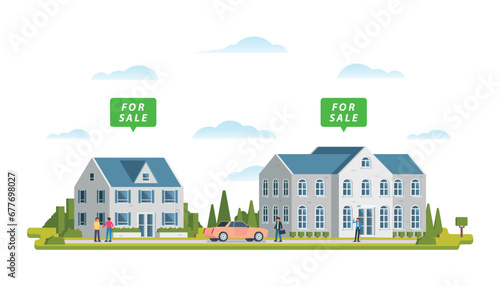 Real estate residential property market business concept with houses. Vector illustration.