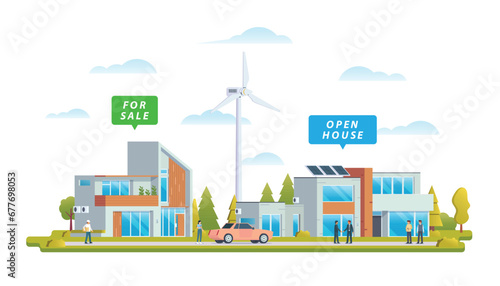 Real estate residential property market business concept with houses. Vector illustration.