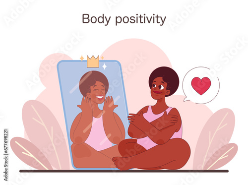 A joyful woman embraces herself, mirrored in a crowned reflection, radiating self-love and acceptance. Embracing natural beauty. Self-affirmation. Flat vector illustration.